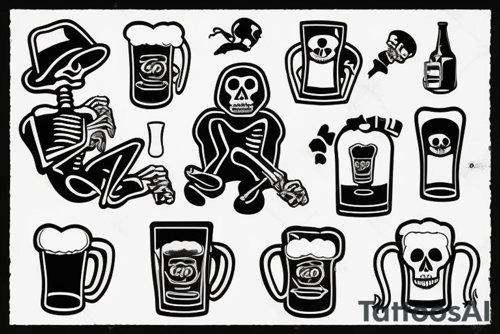Skeleton drinking beer with cigarette tattoo idea