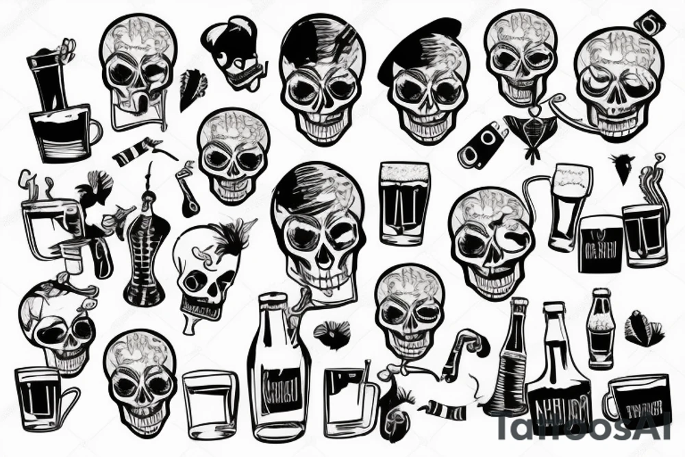 Skeleton drinking beer with cigarette tattoo idea
