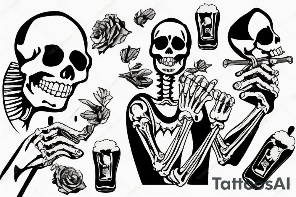 Skeleton drinking beer with cigarette tattoo idea