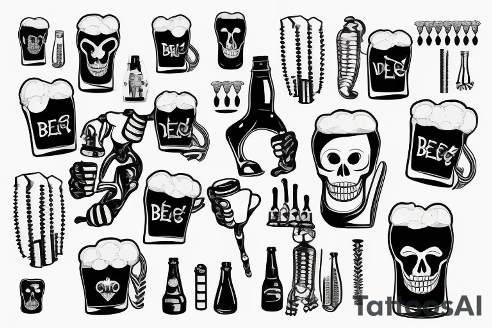 Skeleton drinking beer with cigarette tattoo idea