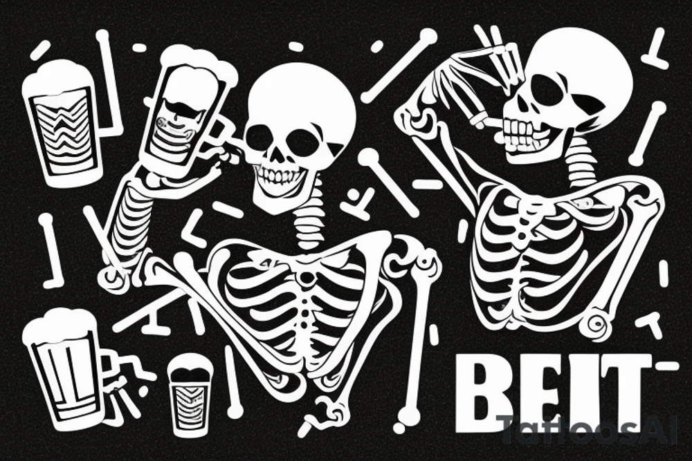 Skeleton drinking beer with cigarette tattoo idea