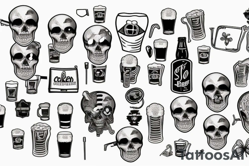 Skeleton drinking beer with cigarette tattoo idea