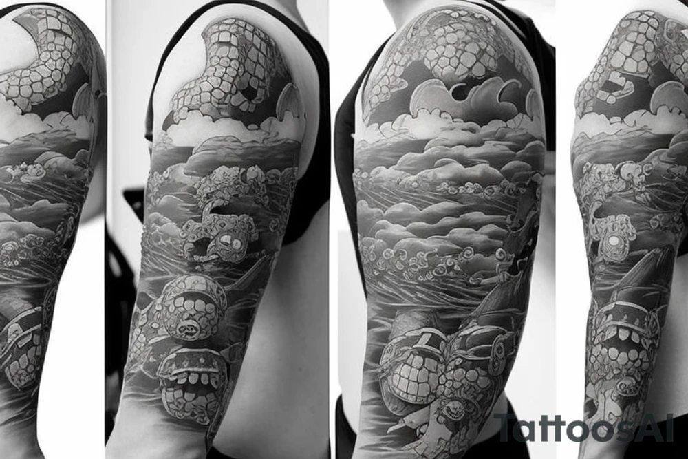 Half sleeve very detailed with turtles, Miyazaki style tattoo idea