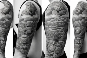 Half sleeve very detailed with turtles, Miyazaki style tattoo idea