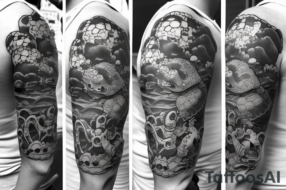 Half sleeve very detailed with turtles, Miyazaki style tattoo idea