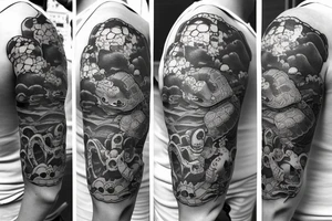 Half sleeve very detailed with turtles, Miyazaki style tattoo idea
