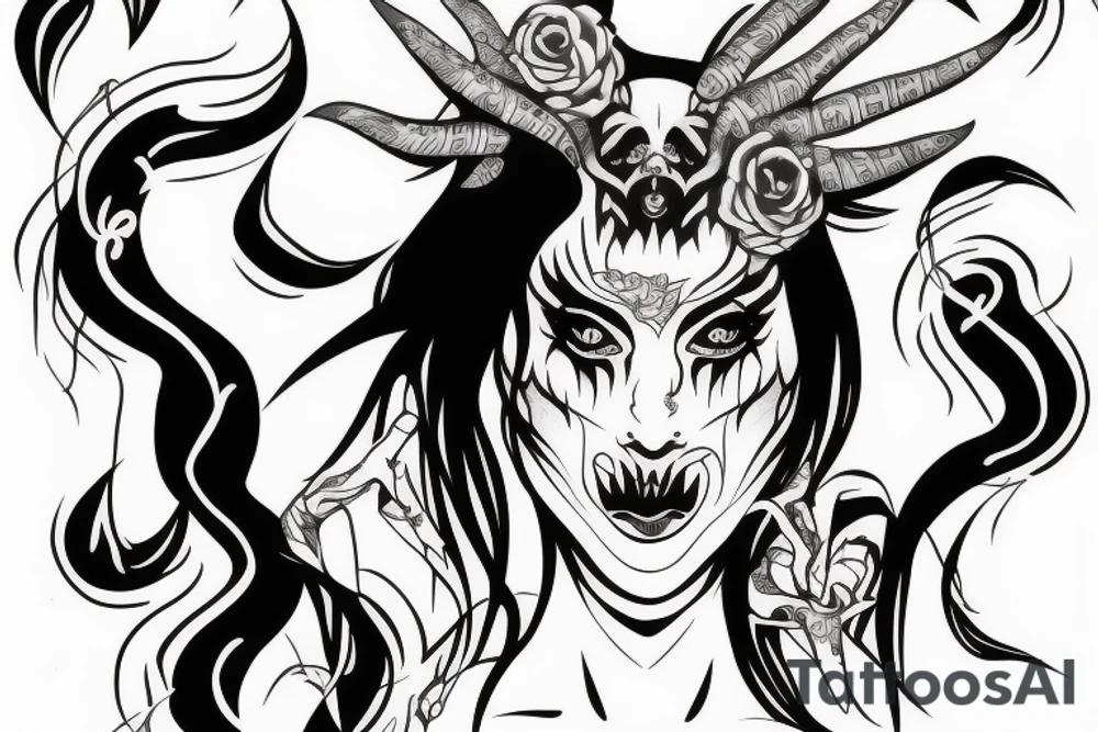 demon woman face drawn with dashes tattoo idea demon woman face drawn with dashes tattoo idea
