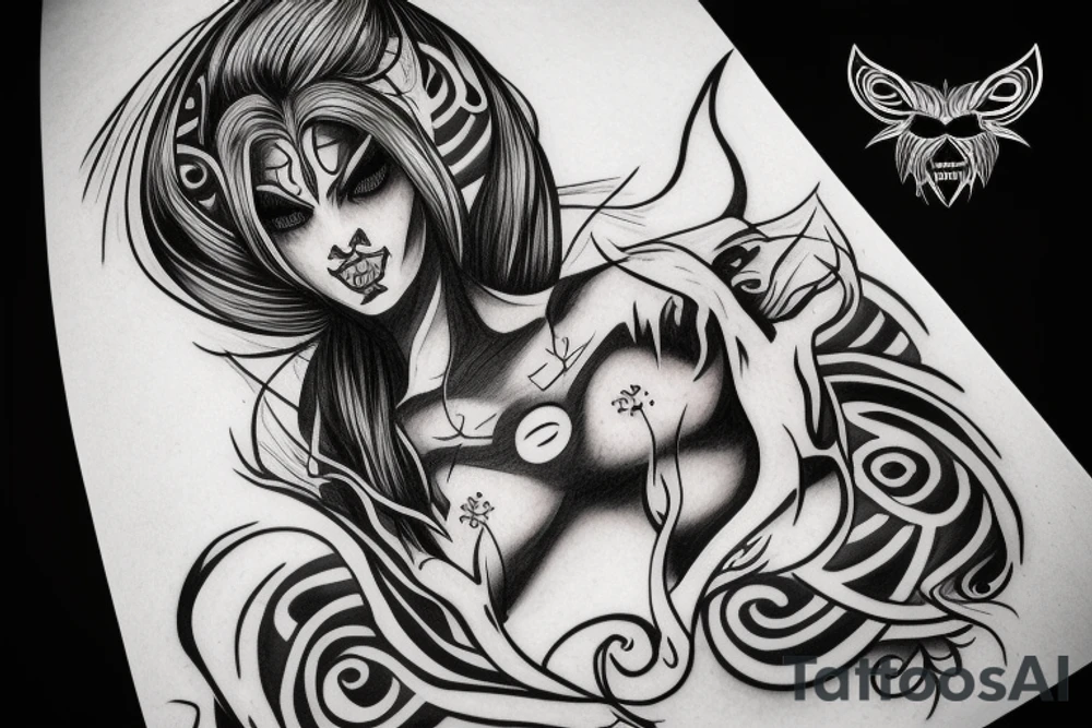demon woman face drawn with dashes tattoo idea demon woman face drawn with dashes tattoo idea