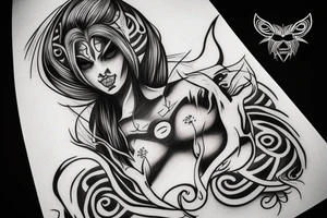 demon woman face drawn with dashes tattoo idea