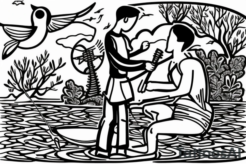 Boy fishing by a lake with his grandad surrounded by birds and trees with a woman dancing beside an old fashioned music player tattoo idea