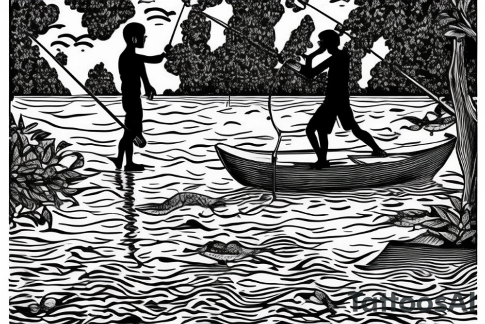 Boy fishing by a lake with his grandfather, they are surrounded by birds and trees. There is a woman dancing beside them beside an old fashioned music player tattoo idea