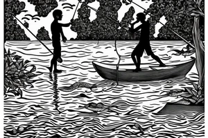 Boy fishing by a lake with his grandfather, they are surrounded by birds and trees. There is a woman dancing beside them beside an old fashioned music player tattoo idea