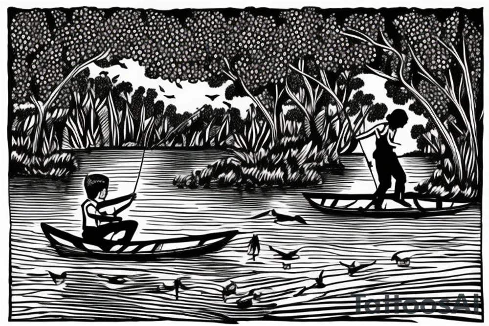 Boy fishing by a lake with his grandfather, they are surrounded by birds and trees. There is a woman dancing beside them beside an old fashioned music player tattoo idea