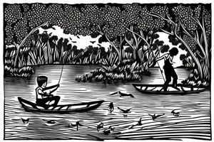 Boy fishing by a lake with his grandfather, they are surrounded by birds and trees. There is a woman dancing beside them beside an old fashioned music player tattoo idea