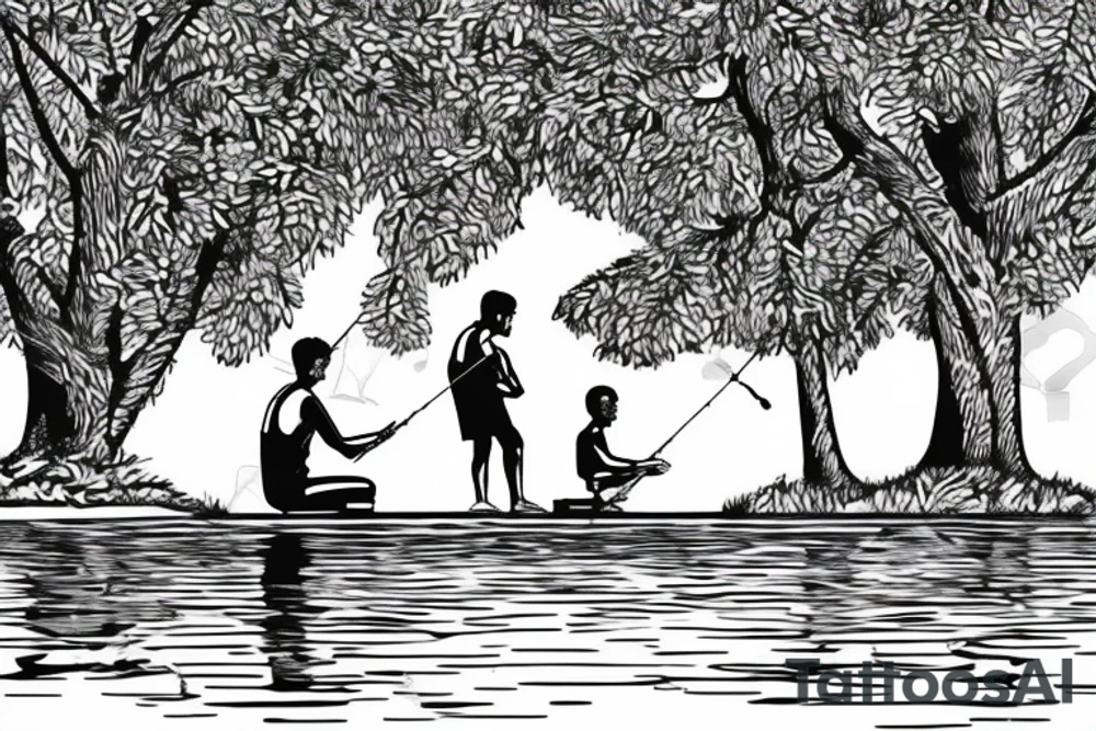 A Boy fishing by a lake with his grandfather. they are surrounded by trees with one bird sitting in a tree. There is a woman dancing beside them near an old fashioned music player tattoo idea