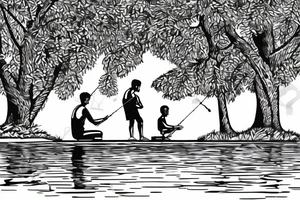 A Boy fishing by a lake with his grandfather. they are surrounded by trees with one bird sitting in a tree. There is a woman dancing beside them near an old fashioned music player tattoo idea