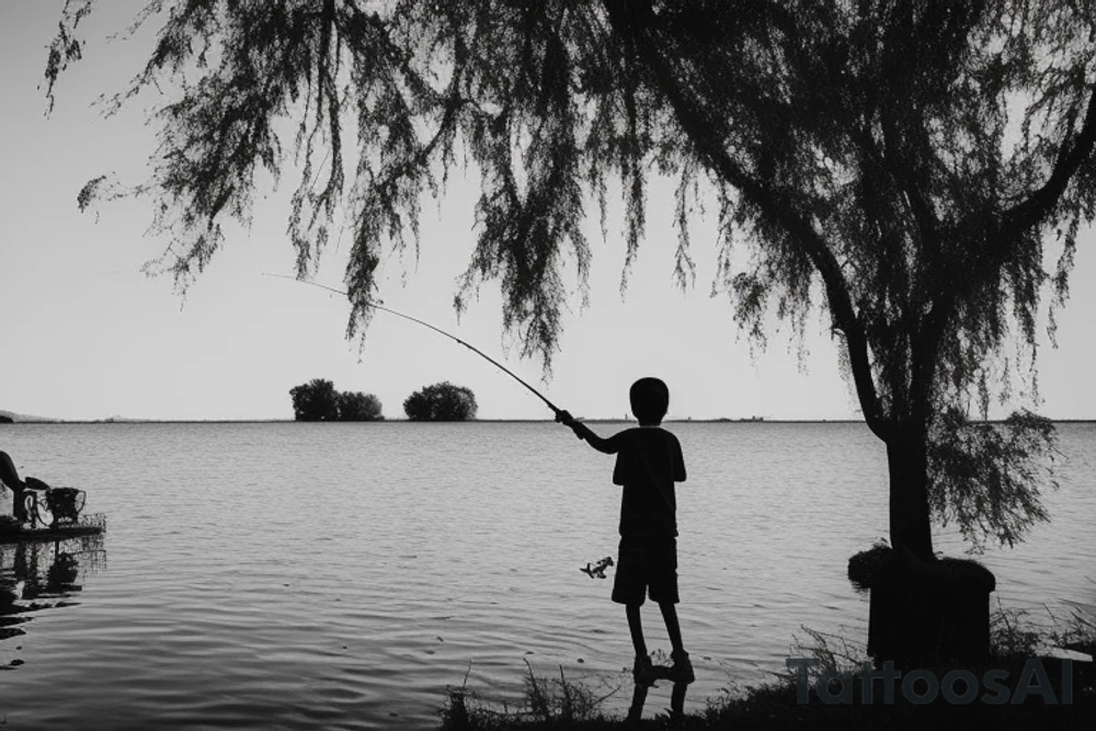 A Boy fishing by a lake with his grandfather. they are surrounded by trees with one bird sitting in a tree. There is a woman dancing beside them near an old fashioned music player tattoo idea