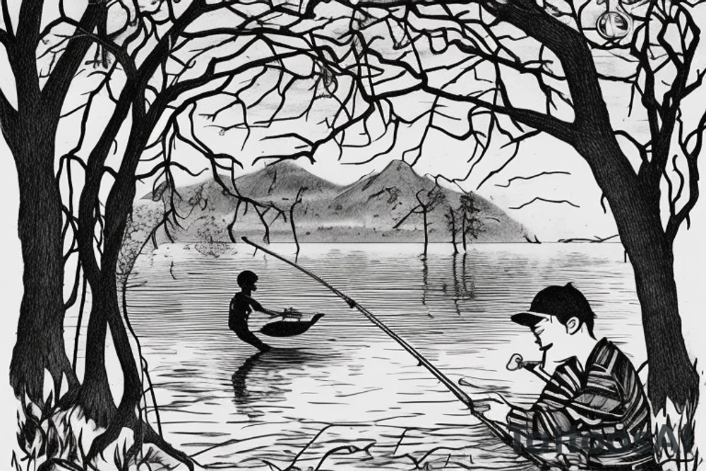A Boy fishing by a lake next to his grandfather. they are surrounded by trees with one bird sitting in one of the trees. A woman dances beside them next to an old fashioned gramophone tattoo idea
