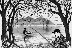 A Boy fishing by a lake next to his grandfather. they are surrounded by trees with one bird sitting in one of the trees. A woman dances beside them next to an old fashioned gramophone tattoo idea