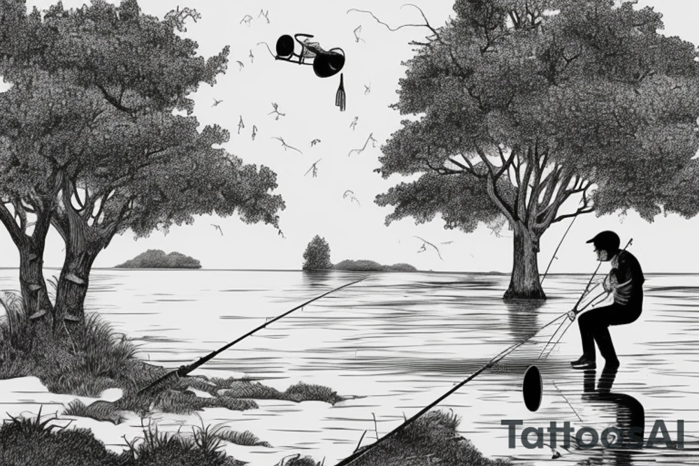 A Boy fishing by a lake next to his grandfather. they are surrounded by trees with one bird sitting in one of the trees. A woman dances beside them next to an old fashioned gramophone tattoo idea