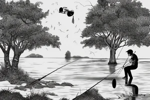A Boy fishing by a lake next to his grandfather. they are surrounded by trees with one bird sitting in one of the trees. A woman dances beside them next to an old fashioned gramophone tattoo idea