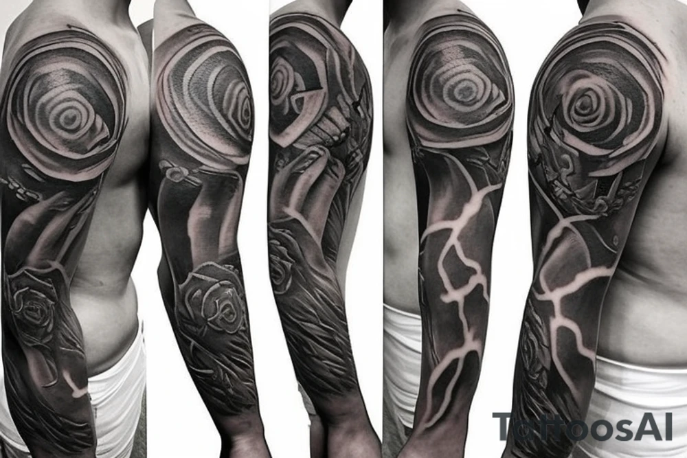 full arm sleeve tattoo. At the top I want a Spartan helmet from the side. in the middle I want a circular shape like a shield or rune. At the bottom I want a rose. tattoo idea