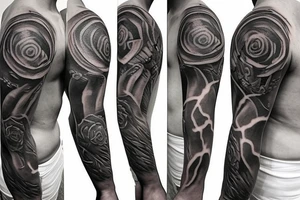 full arm sleeve tattoo. At the top I want a Spartan helmet from the side. in the middle I want a circular shape like a shield or rune. At the bottom I want a rose. tattoo idea