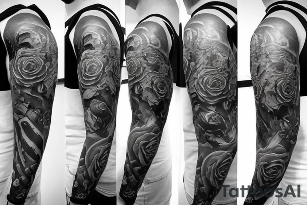 full arm sleeve tattoo. At the top I want a Spartan helmet from the side. in the middle I want a circular shape like a shield or rune. At the bottom I want a rose. tattoo idea