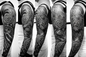full arm sleeve tattoo. At the top I want a Spartan helmet from the side. in the middle I want a circular shape like a shield or rune. At the bottom I want a rose. tattoo idea