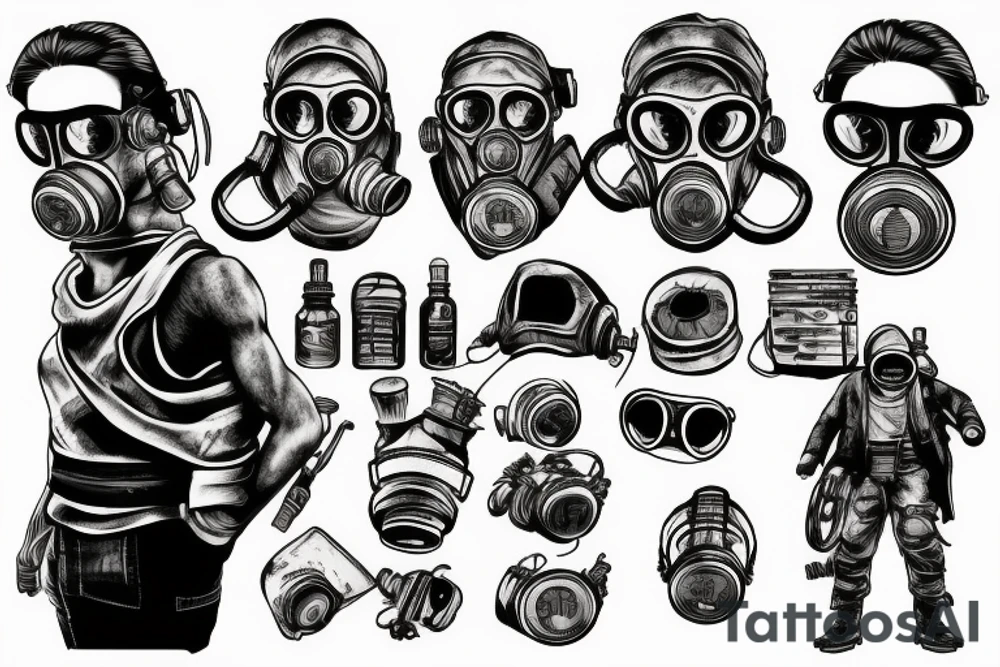 Man in gas mask in front of post apocalyptic city tattoo idea