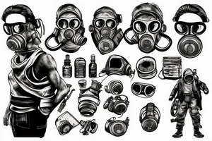 Man in gas mask in front of post apocalyptic city tattoo idea