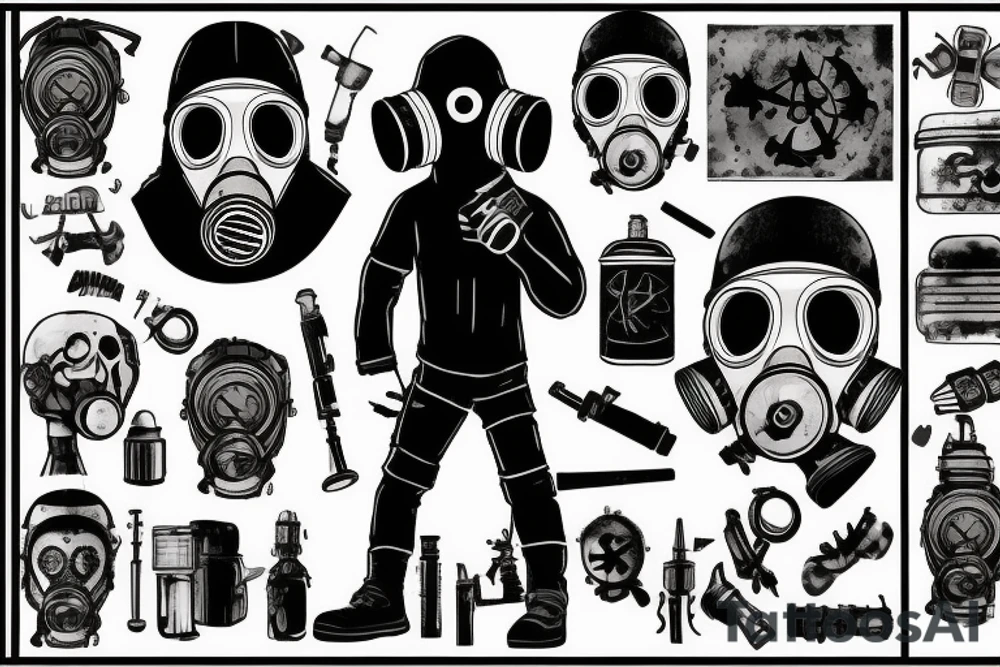 Man in gas mask in front of post apocalyptic city tattoo idea