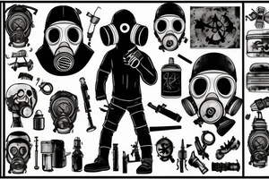 Man in gas mask in front of post apocalyptic city tattoo idea