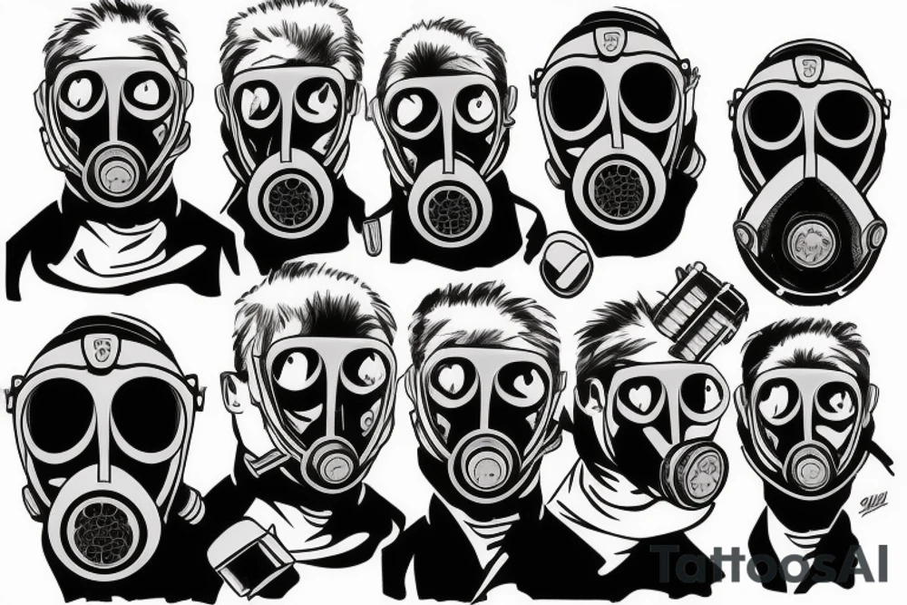 Man in gas mask in front of postapo city tattoo idea