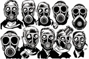 Man in gas mask in front of postapo city tattoo idea