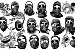 Man in gas mask in front of postapo city tattoo idea