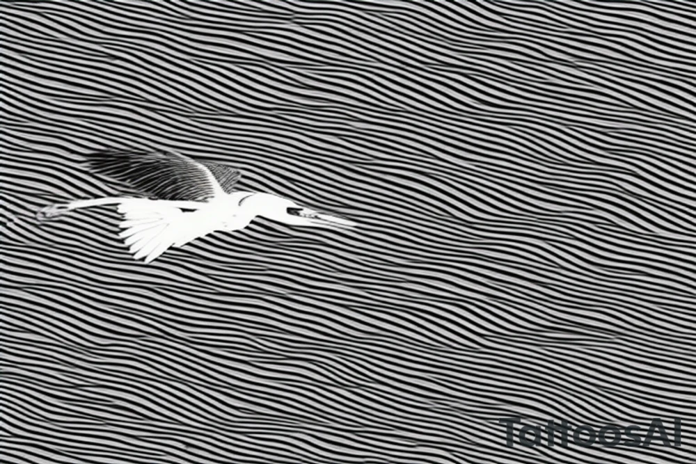 A heron flying across a smooth and flat lake just touching one foot onto the smooth water creating realistic ripples and waves. In the background around the lake you can see the trees of an Ontarian forest. tattoo idea