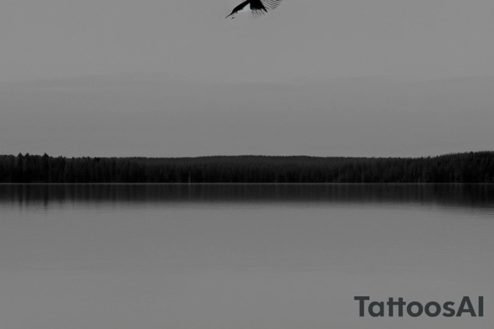 A heron flying across a smooth and flat lake just touching one foot onto the smooth water creating realistic ripples and waves. In the background around the lake you can see the trees of an Ontarian forest. tattoo idea