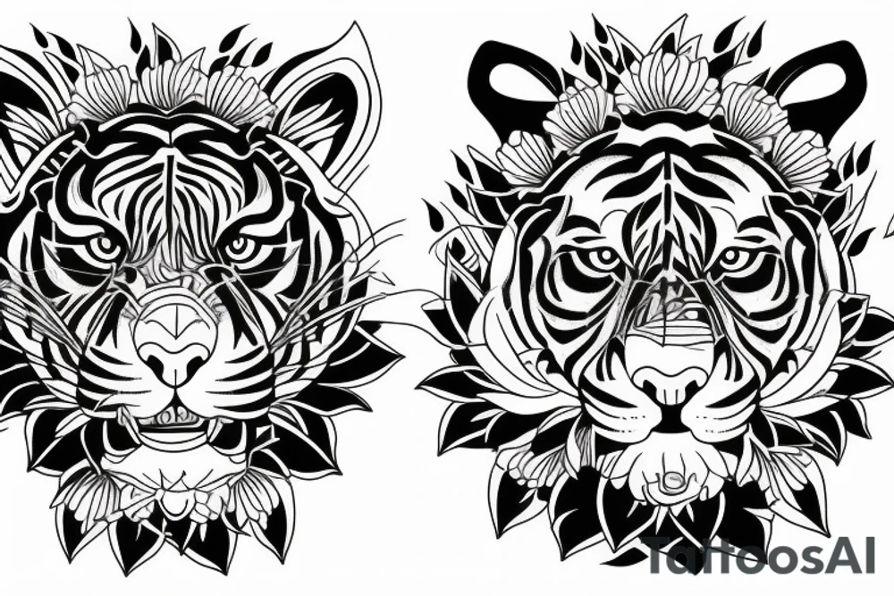 Tiger face and flowers tattoo idea