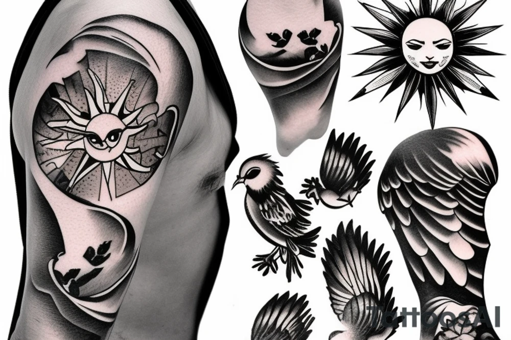 Sun on shoulder with clouds around and doves flying , mount athos with stairs to top and the sea at the bottom tattoo idea