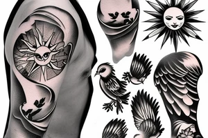 Sun on shoulder with clouds around and doves flying , mount athos with stairs to top and the sea at the bottom tattoo idea