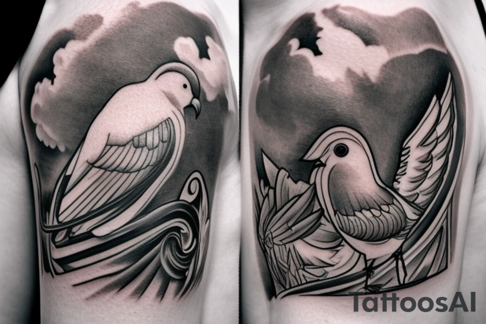Sun on shoulder with clouds around and doves flying , mount athos with stairs to top and the sea at the bottom tattoo idea