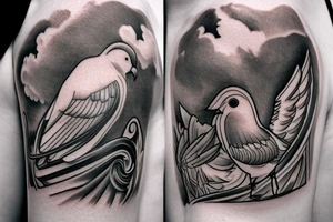 Sun on shoulder with clouds around and doves flying , mount athos with stairs to top and the sea at the bottom tattoo idea