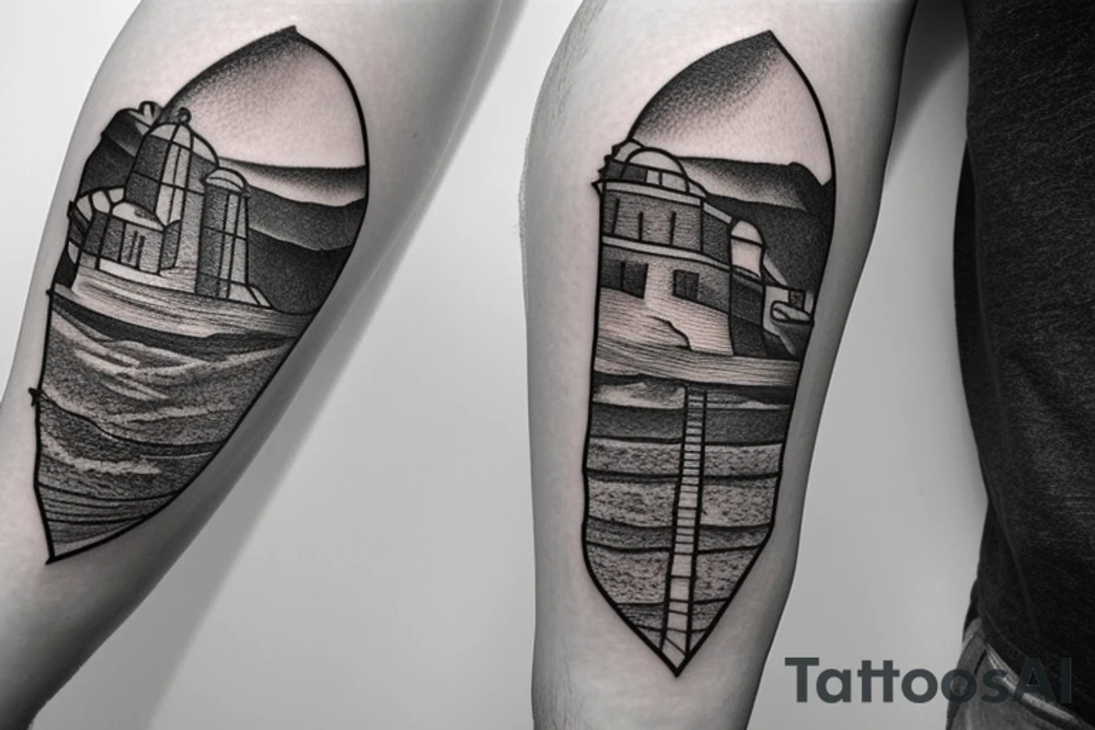 mount athos with stairs to top and the sea at the bottom tattoo idea