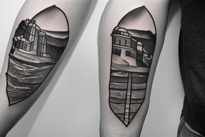 mount athos with stairs to top and the sea at the bottom tattoo idea