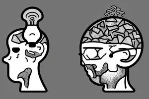 Guy with headache with back og head blown out and a light bulb coming out tattoo idea