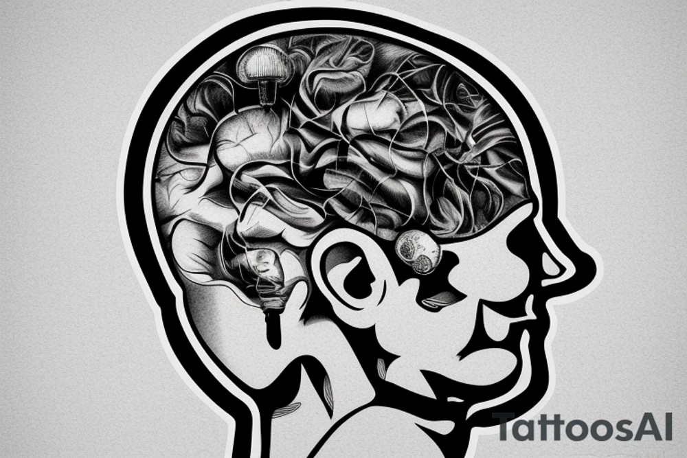 Guy with headache with back og head blown out and a light bulb coming out tattoo idea