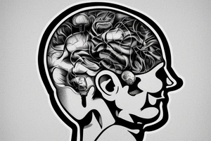 Guy with headache with back og head blown out and a light bulb coming out tattoo idea