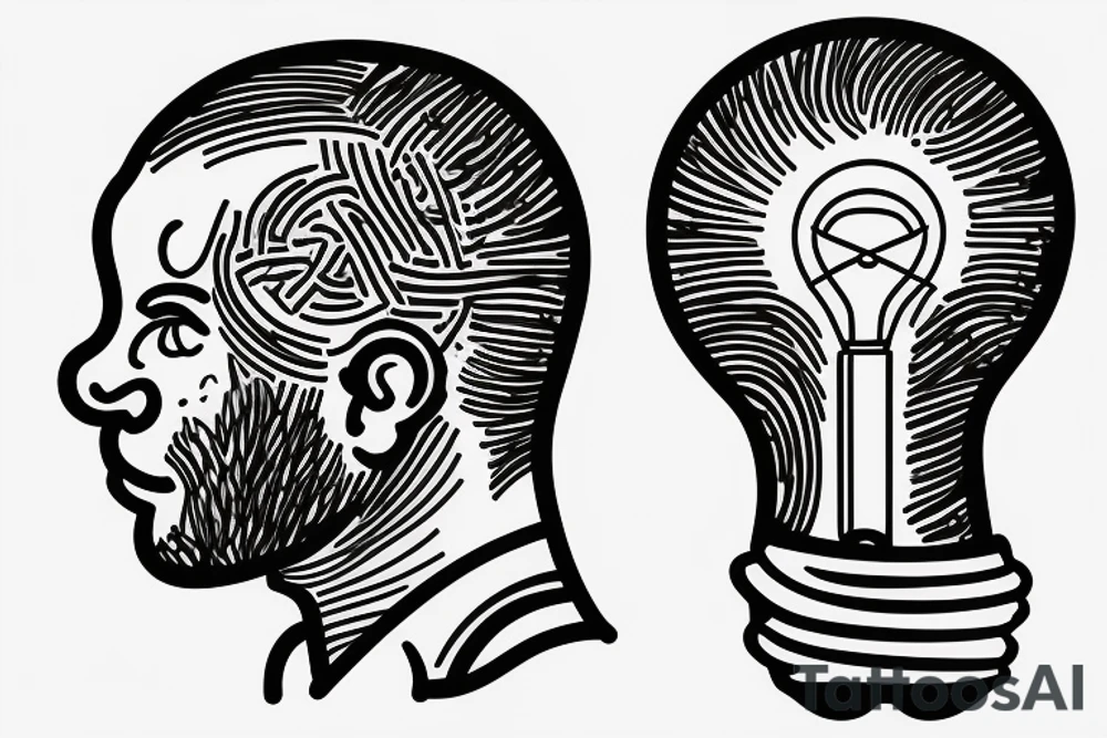 Guy with headache with back of head blown out and a light bulb coming out tattoo idea