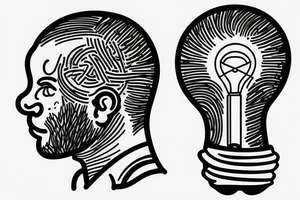 Guy with headache with back of head blown out and a light bulb coming out tattoo idea